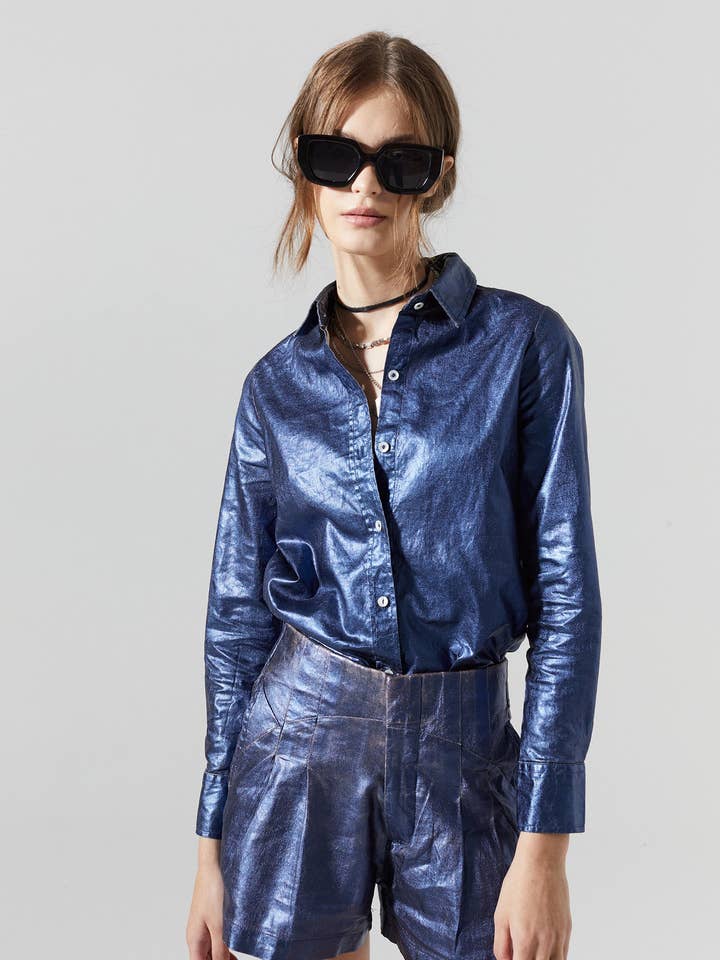 Frida Metallic Linen Shorts - Dark Blue for wholesale by Lanhtropy