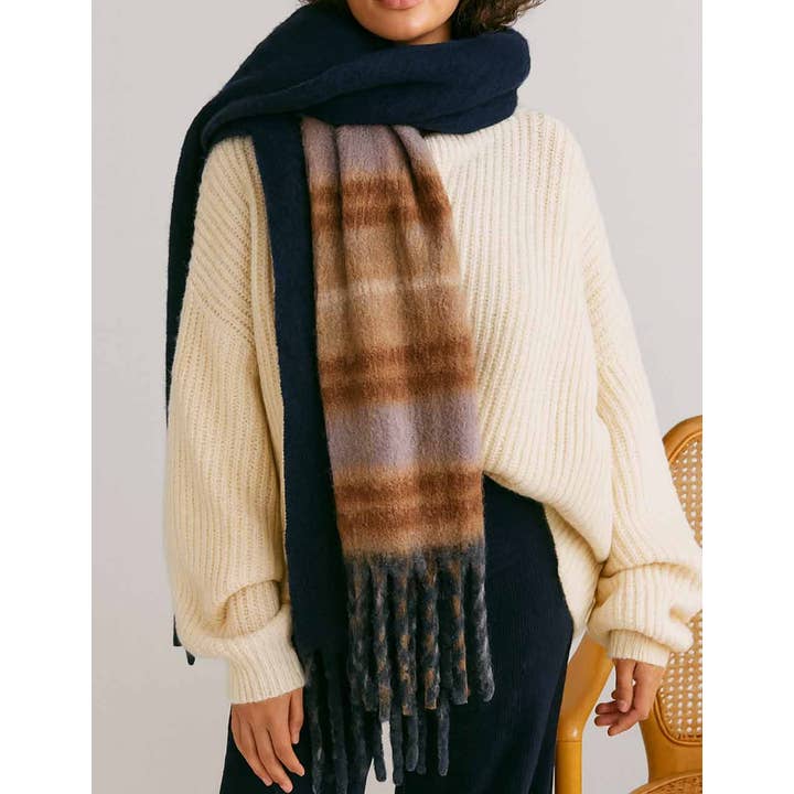 Sweetkama - Wholesale Scarf – Women's - Ladies Winter Bouclé Yarn Checked Fringe Shawl Knit Scarf2