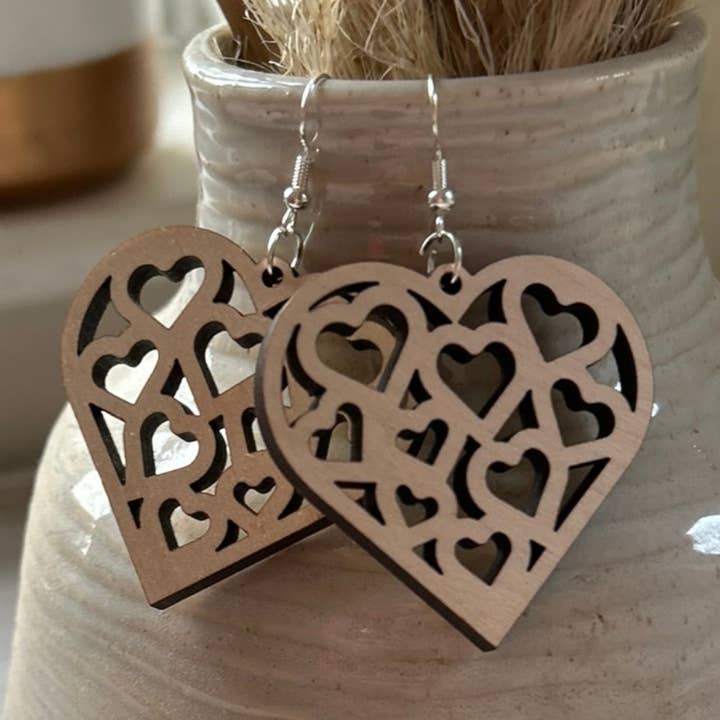 Wooden Heart cut-out earrings for wholesale by The Home and Gift Store