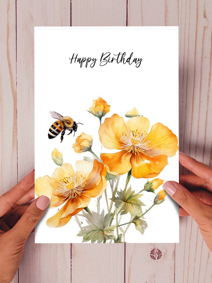Bee on Orange Flower Art Card - Happy Birthday Card for wholesale by Homemade Hollydays Wholesale