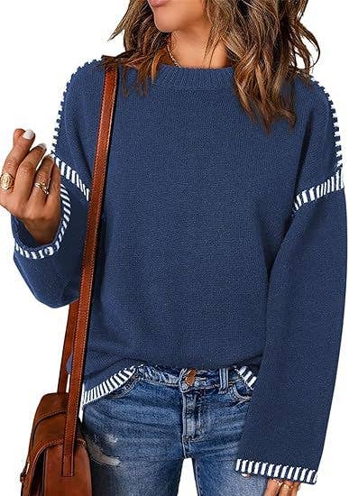 HIDDENBRAND - Wholesale Knit Sweater - Women's - Contrast Trim Cable Knit Pullover Sweater2