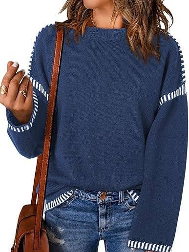 HIDDENBRAND - Wholesale Knit Sweater - Women's - Contrast Trim Cable Knit Pullover Sweater2