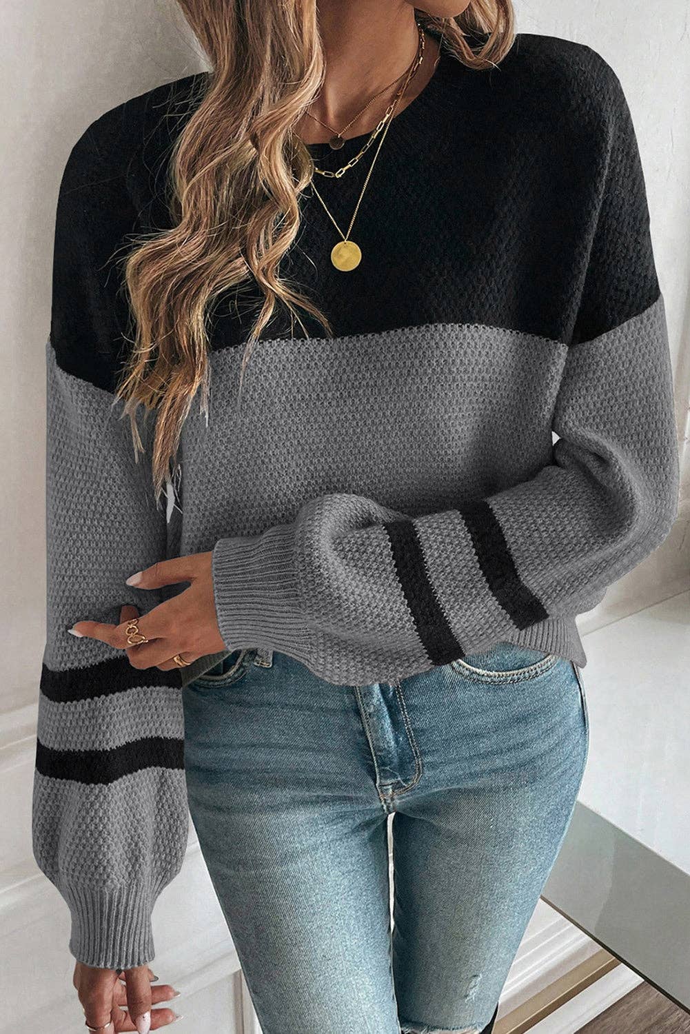 Suhkasana – wholesale Knitted jumper – Women′s – Parchment Color Block Knit Striped Sleeve Detail Casual Sweater20