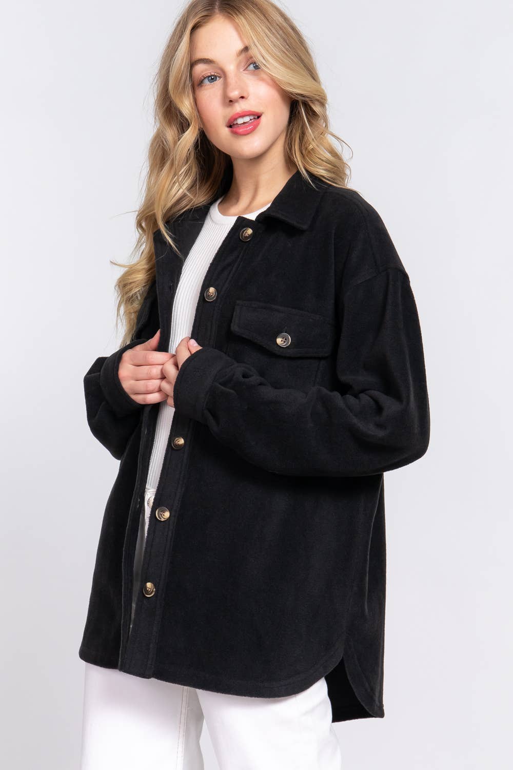 Active Basic | Active USA - Wholesale Shirt Jacket/Shacket - Women's - Long Sleeve Notched Collar Front Pocket Fleece Jacket 2