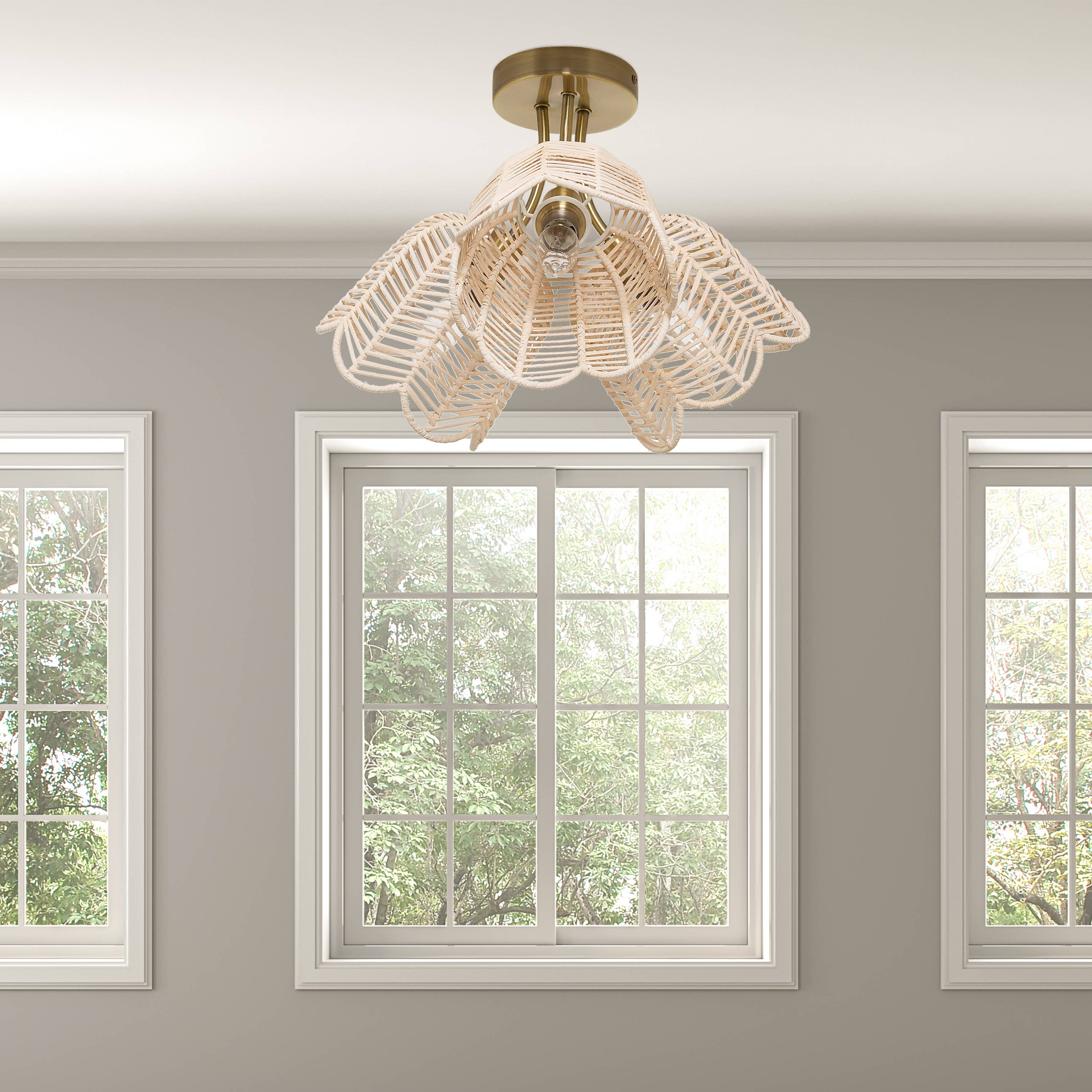 River of Goods - Wholesale Chandelier/Hanging Light - 11.5"H Gold-Colored Metal Ceiling Light with Rattan Shades5