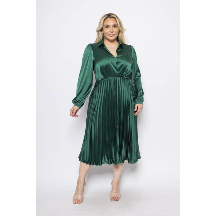 PLUS SIZE SATIN COLLARED SURPLICE ELASTIC WAIST PLEATED SKIR for wholesale by Curve Market