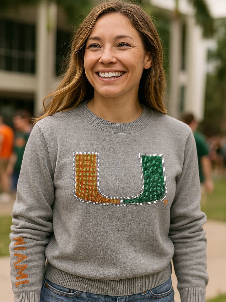 Licensed Game Day Sweater, Crewneck Gray, University Of Miami Large U for wholesale by Moving Forward Designs