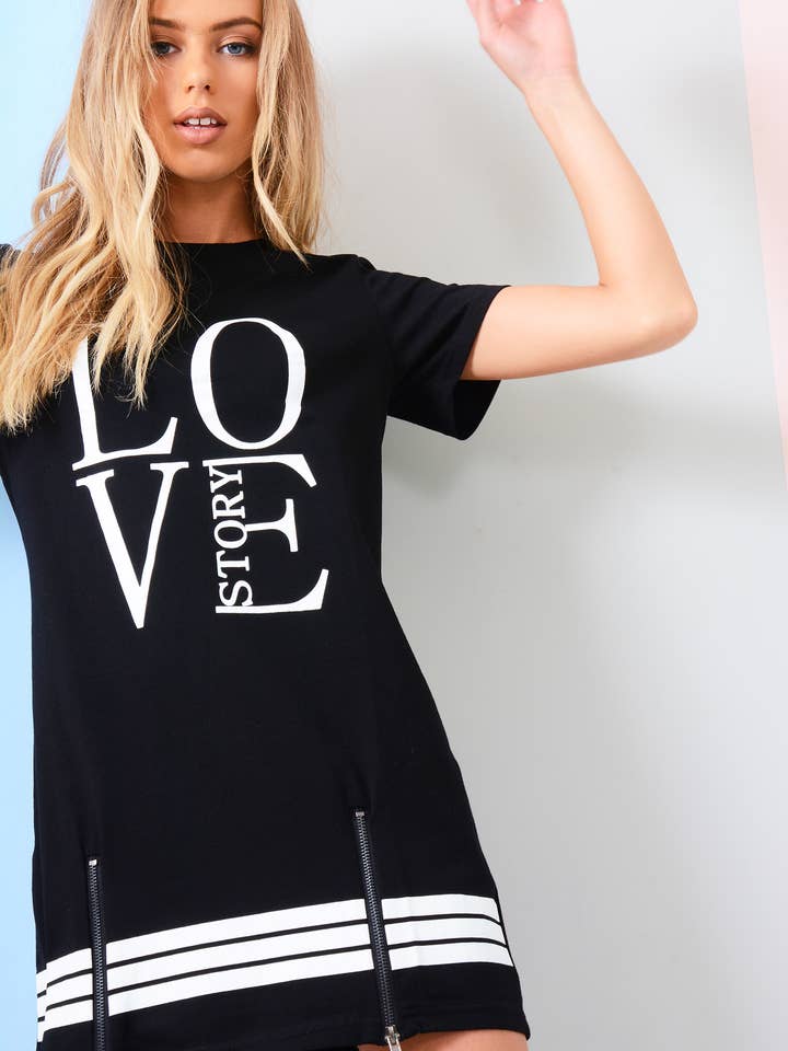 LMS Black And White LOVE Slogan T-Shirt Dress With Zips for wholesale by LoveMyStyle