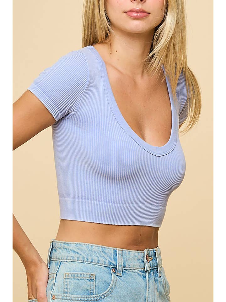 ROUSSEAU - Wholesale Knit Top - Women's - RIBBED KNIT DEEP SCOOP NECK SHORT SLEEVE CROP TOP
