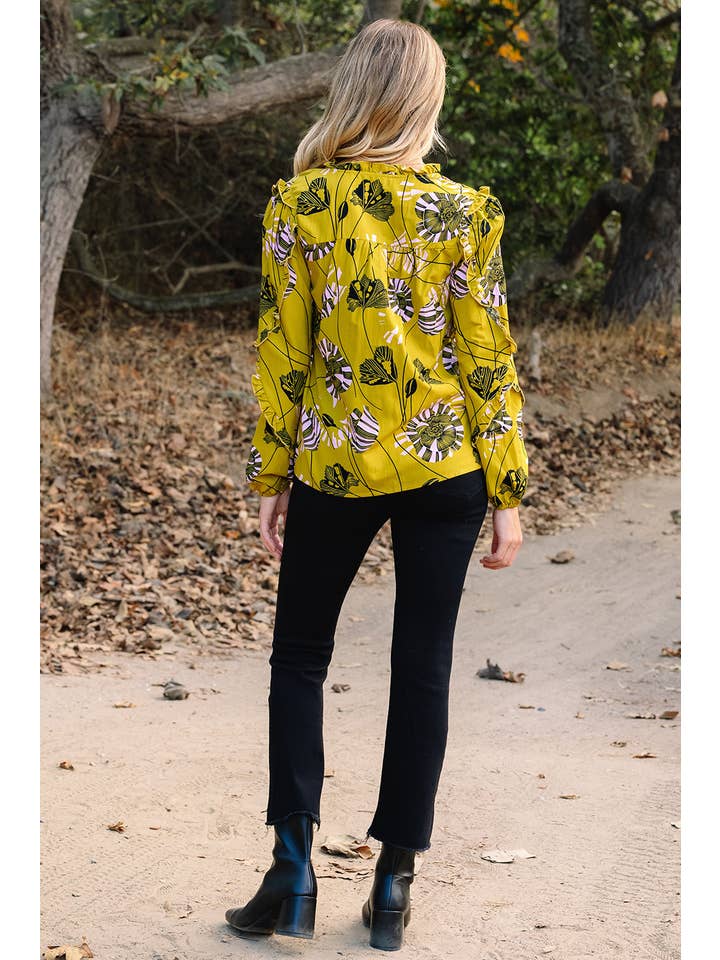 Yellow Floral V-Neck Ruffle Trim Long Sleeve Blouse for wholesale on Faire1