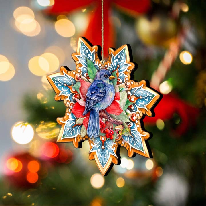Designocracy - Wholesale Ornament - Blue Bird Snowflake Wood Ornaments GDebrekht Nature Wildlife3