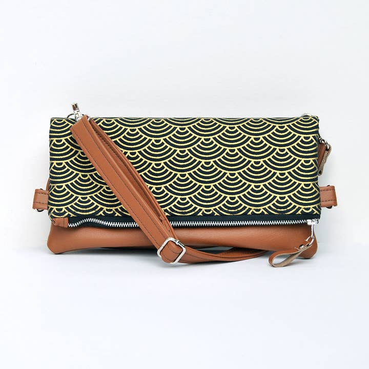 Dahlia Fold over Bag - Black & Gold Japanese Wave for wholesale by Lauren Holloway