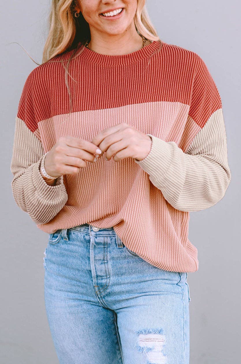 Threaded Pear – Top de malha - Mulher por atacado – Rachel Block Manga Comprida Rib Solta Top1