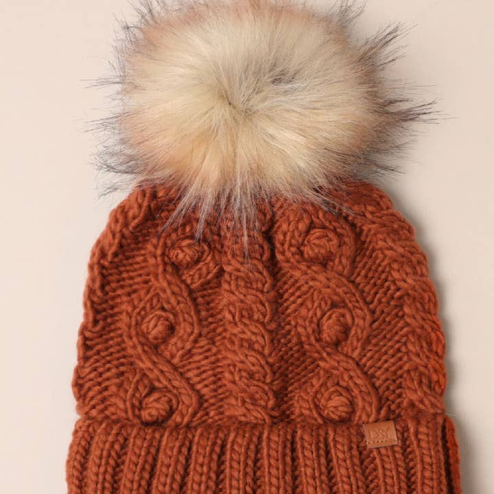 Fashion City - Wholesale Beanie – Women's - Popcorn Trim Knit Beanie w Faux Fur Pom1
