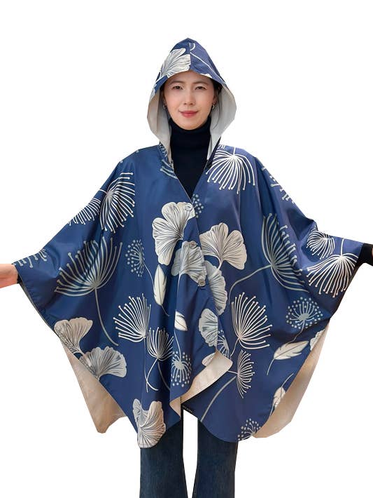 Navy / Cream Falling Ginkgos Reversible Rain Cape for wholesale by Winding River