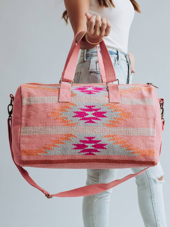 Orange, Bright Pink & Slate Aztec Duffel for wholesale by Panache Apparel Co.