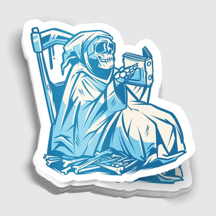 Grim Reaper Reading A Book Sticker - 3" for wholesale by Mimic Gaming Co