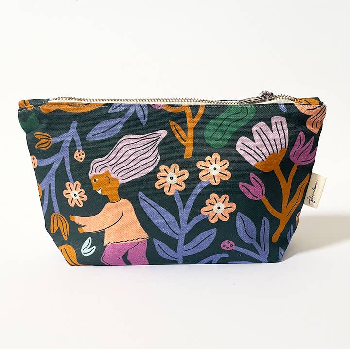 Handmade Make-up, Travel, Fabric Zip Purse - Frolic (Dark) for wholesale by Fabric Drawer