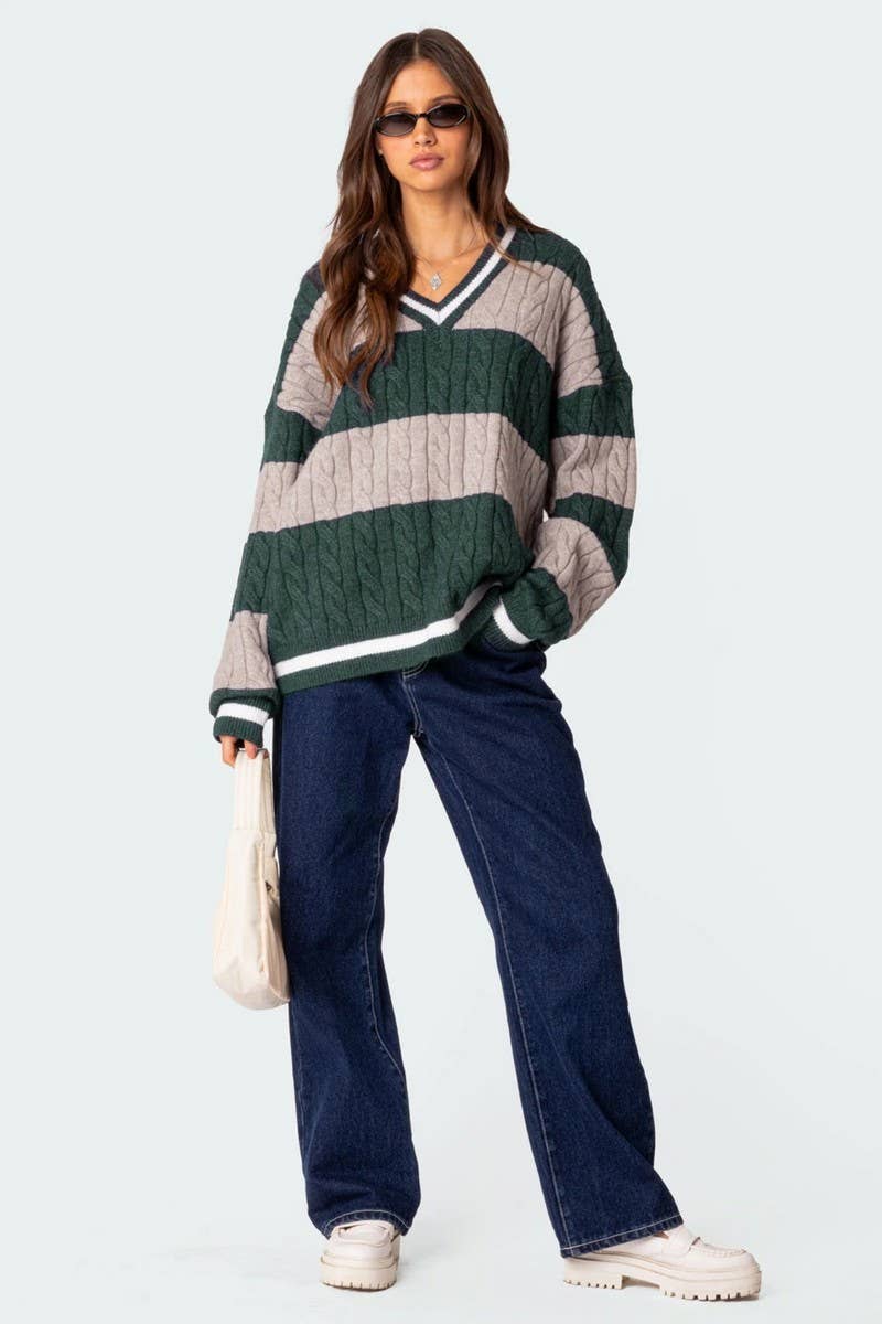 NINEXIS - Wholesale Knit Sweater - Women's - CWOSWL08090_V NECK STRIPED COLORBLOCK KNIT SWEATER16