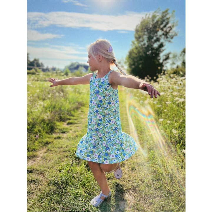 Blue & Green Flower Power Drop Waist Summer Dress for Girls for wholesale by Strawberry Jam Kids