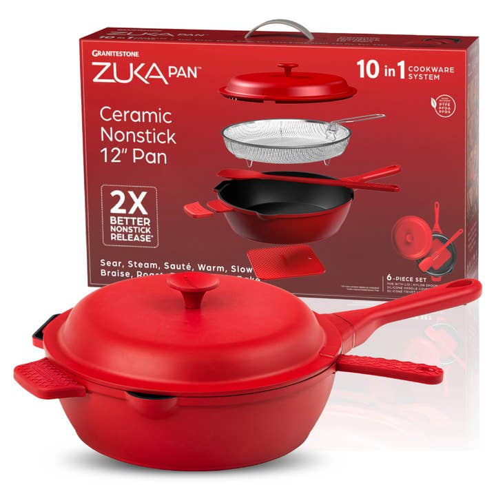 Every Day Zuka 10-in-1, 12" Cooking Pan 6-Piece Set in Red for wholesale by Gotham Steel/Granitestone