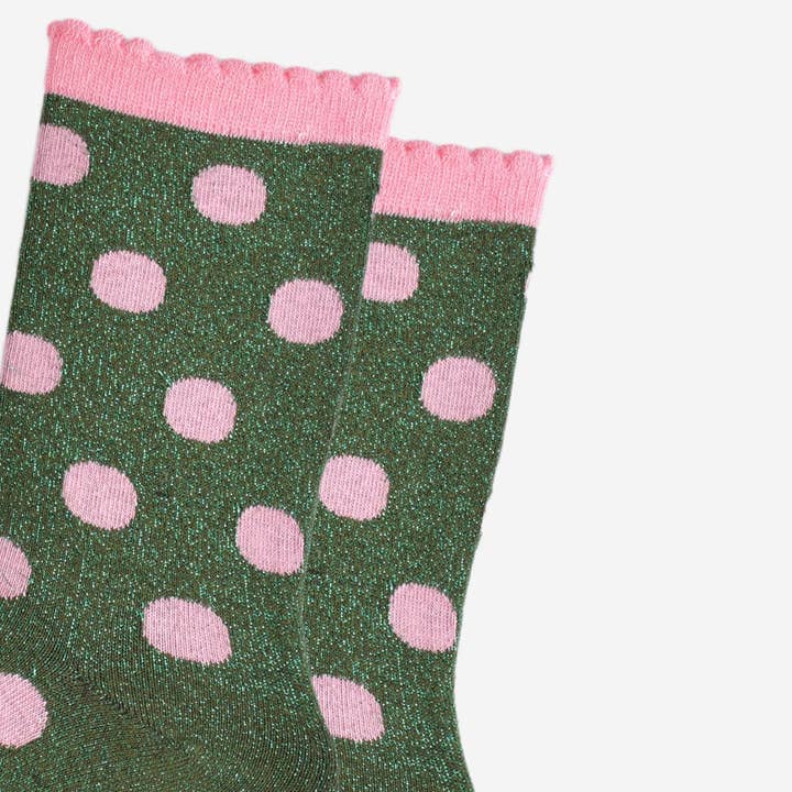 Sock Talk – wholesale Strumpor - Dam – Glitterstrumpor för kvinnor - khaki/ljusrosa, medelstora prickar