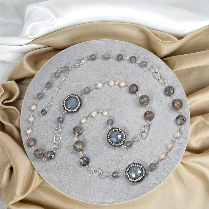 Labradorite and Cultured Pearls Wired Necklace for wholesale by IST Jewelry