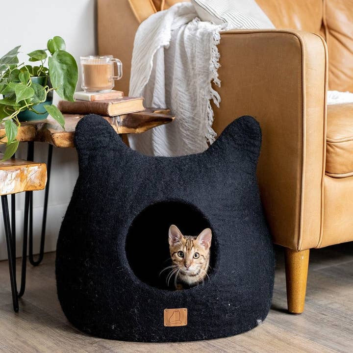Fuzzy cove - Vendita all'ingrosso Grotta - Cani e gatti - Letto a forma di grotta con orecchie di gatto, stravagante, colore: nero