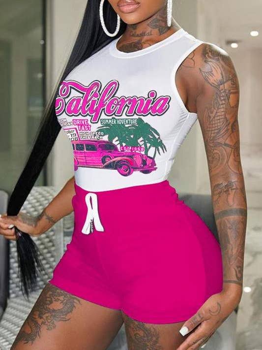 Graphic Tee and Shorts Set - Sleeveless Racer Car Design for wholesale by Fashion Combination