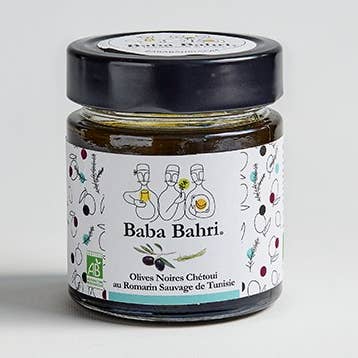 olive nere Chetoui biologiche con olio d'oliva e rosmarino per la vendita all'ingrosso da parte di Baba Bahri