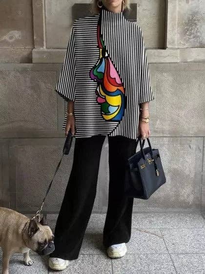 BLACK Loose Three-Quarter Sleeves Figure Printed Split-Joint Striped Stand Collar T-Shirts for wholesale on Faire1