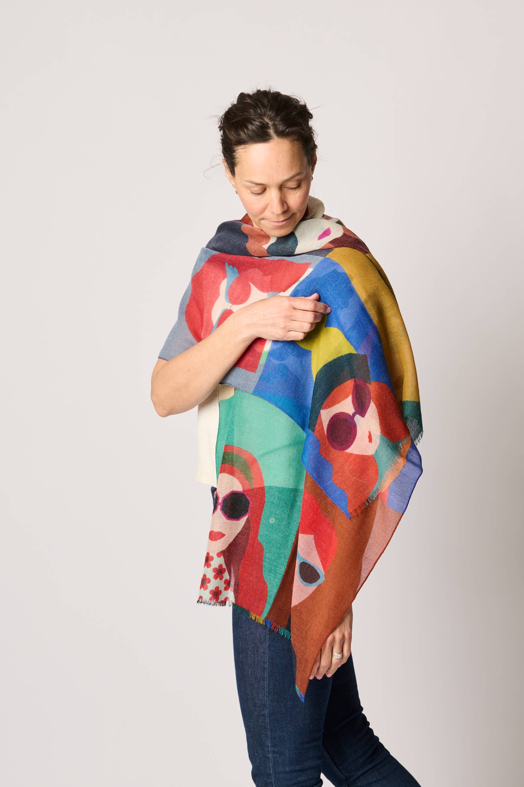 Margolis Pineo Italia - Wholesale Scarf - Women's -   RESTOCKED "GIRLS W/ GLASSES" ART SCARF—SOFT WOOL FLEECE 1