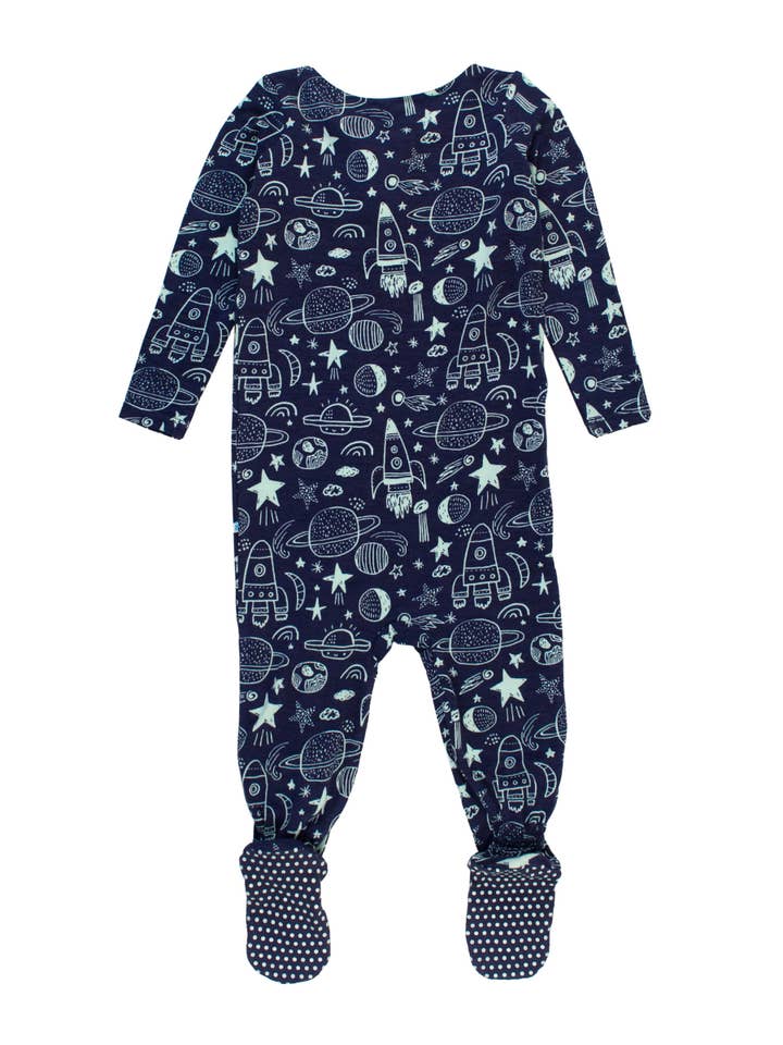 Navy Baby Boys Blast Off Bamboo Viscose Footed One Piece Pajama for wholesale on Faire
