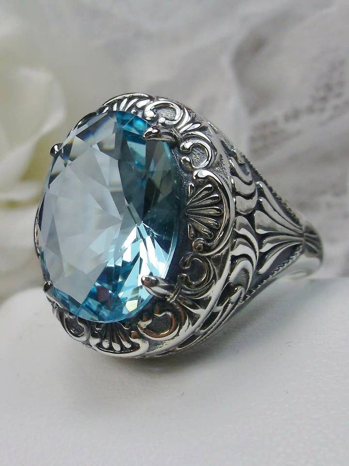 Akvamarinring, oval ädelsten, lejonfiligran, art deco-reproduktionssmycke, D217 för wholesale av Silver Embrace Jewelry