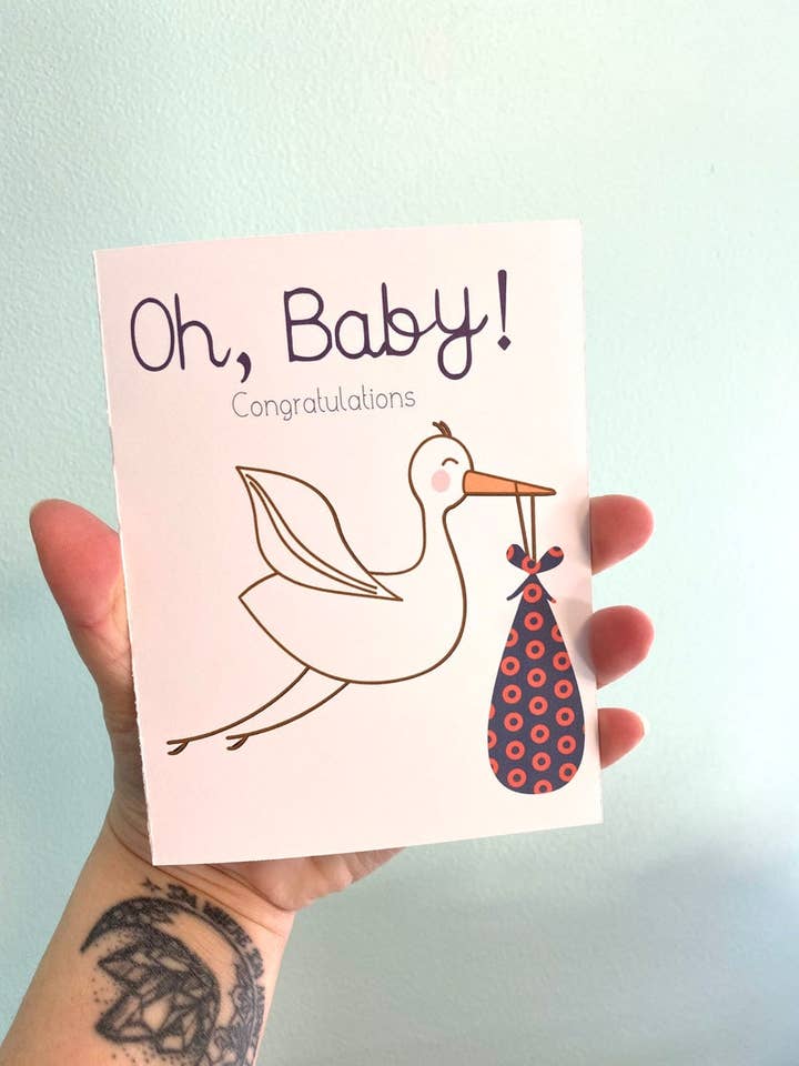 Biglietto di auguri Oh Baby, biglietto a tema cicogna e phishing Congratulazioni per la vendita all'ingrosso da parte di Jewels For Hope