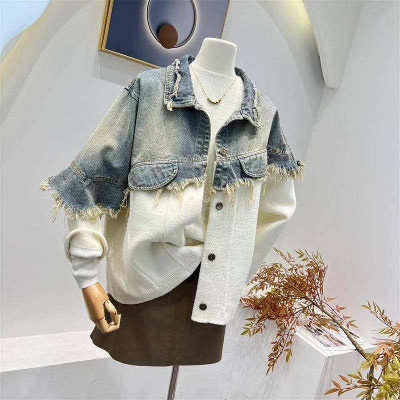 Sheer Trend - Vendita all'ingrosso Cardigan - Donna - Cappotto Cardigan Maglione Patchwork in Denim4