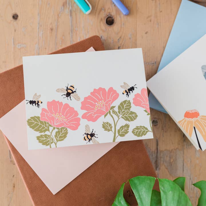 card - bees + wild rose for wholesale by apis