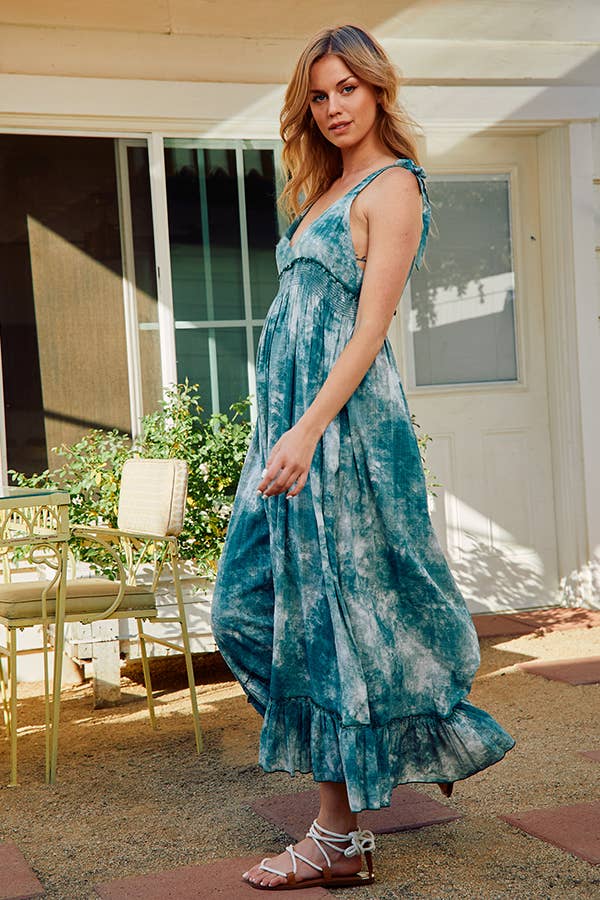 GREEN D3030 Tie-dye Print Ruffled Woven Long Dress for wholesale on Faire5