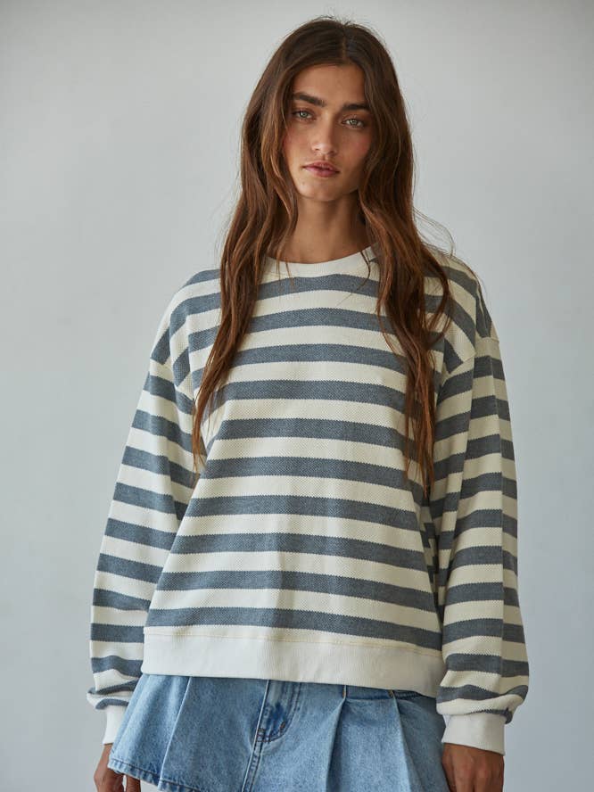 Cream Grey L8583 | Knit Cotton Striped Crew Neck Long Sleeve Sweatshirt for wholesale on Faire0