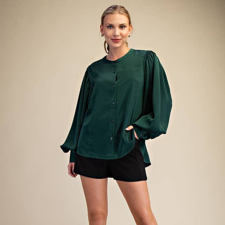 Glam - Wholesale Blouse - Women's - Round Neck Button Down Puff Long Sleeve Satin Top1