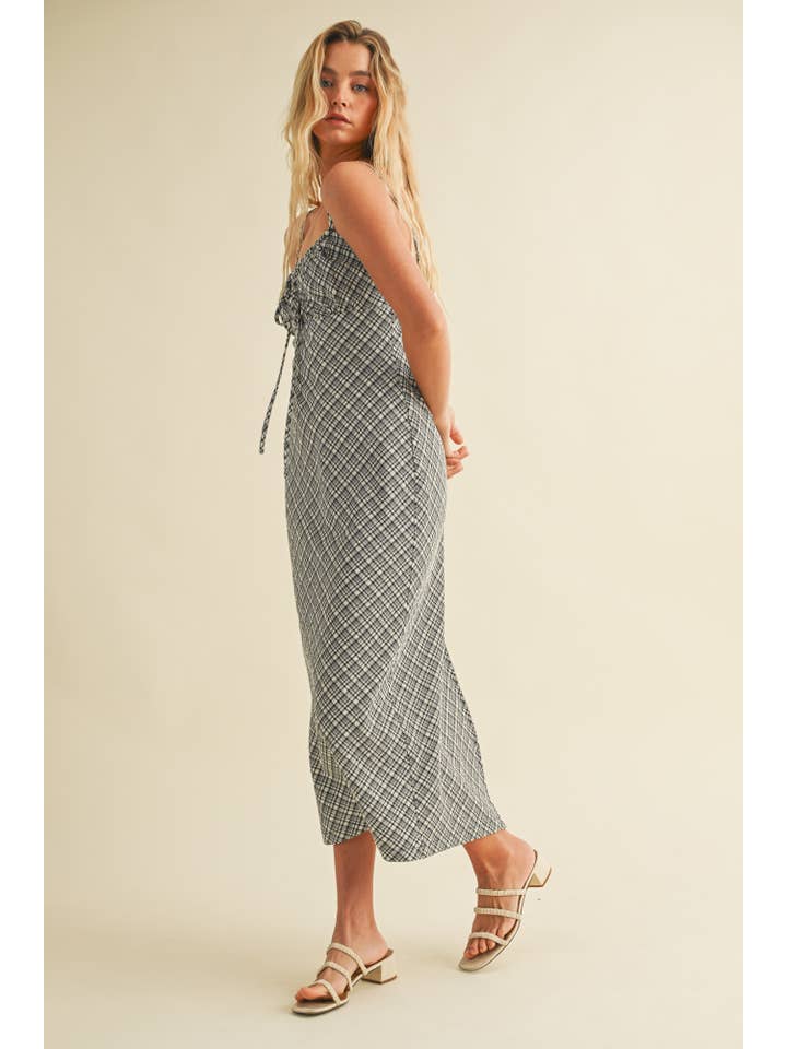 Mustard Seed - Wholesale Dress - Women's - TEXTURED PLAID DRAWSTRING NECK MIDI DRESS