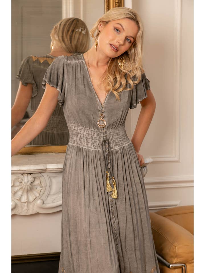 Grey Long dress with a gilding effect print in Bohemian style. V-neck for wholesale on Faire1