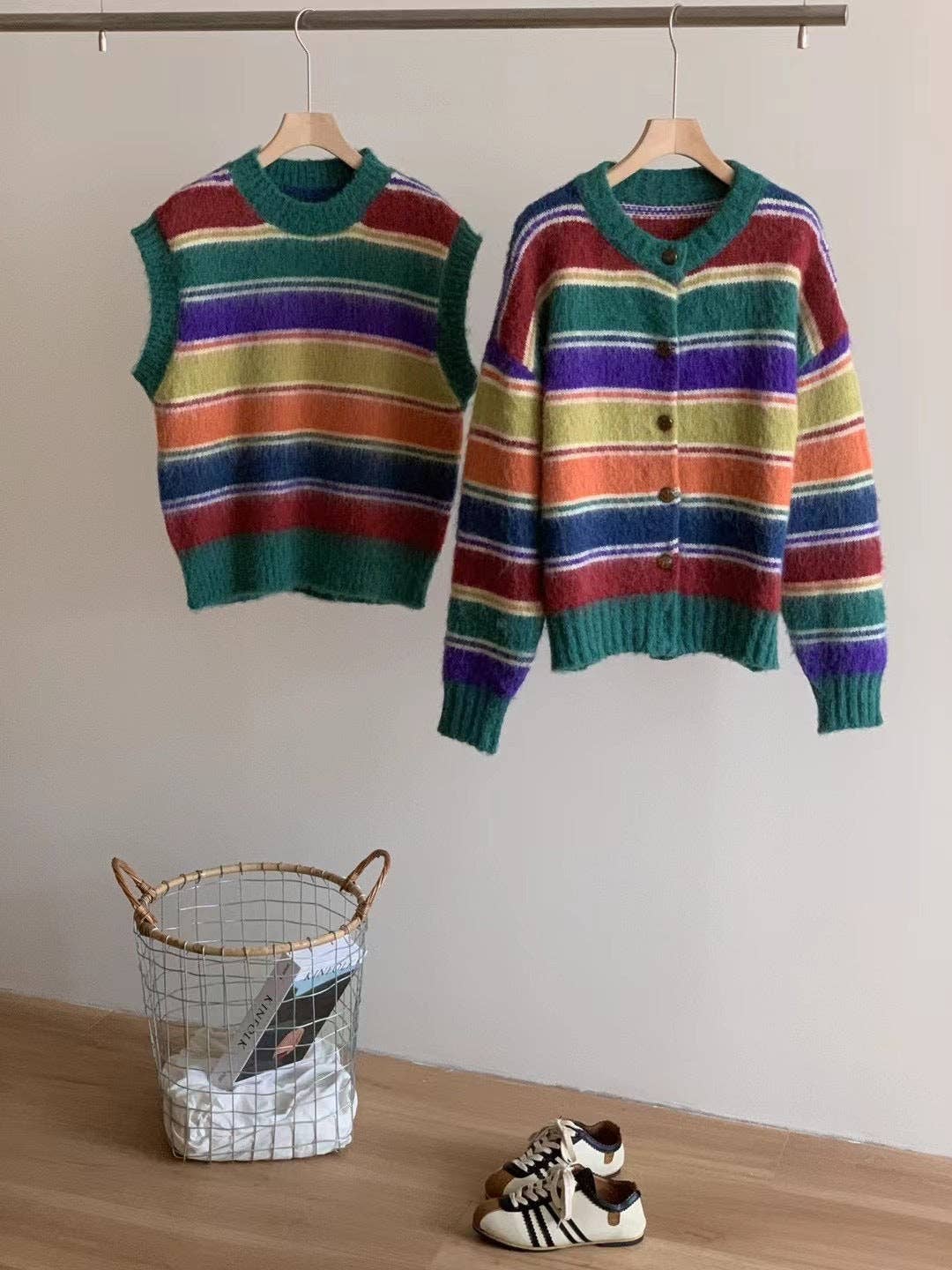 Marayn - Wholesale Cardigan - Women's - Retro Rainbow Stripe Knit Cardigan Cozy  Chic3