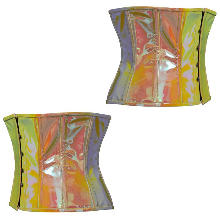 Attire Fashion Club - Wholesale Corset - Women's - Steel Boned Holographic Under bust Corset in Yellow/Pink