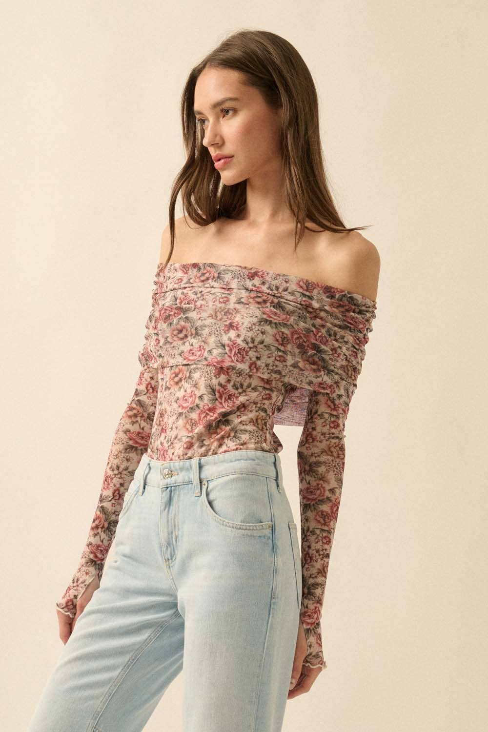 Promesa USA - Wholesale Bodysuit - Women's - Floral Mesh Long-Sleeve Off-Shoulder Bodysuit2