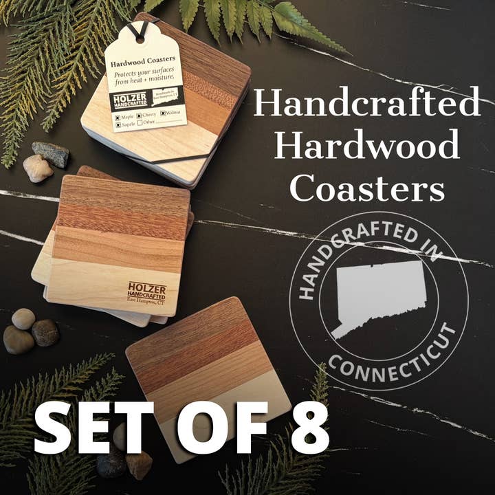 Set of 8 Handcrafted Hardwood Coasters - Customized, Retail-Ready - Maple, Walnut, Cherry, Sapele for wholesale by Holzer Handcrafted ®