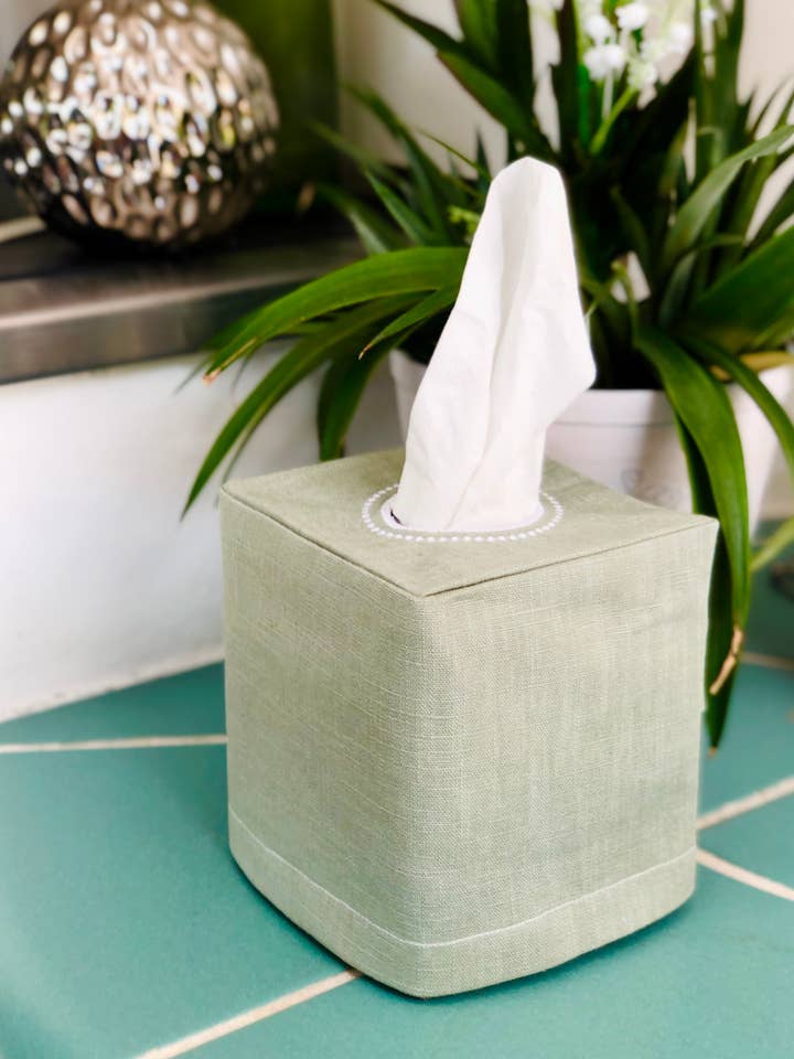 Light Green Linen Tissue Box Cover for wholesale by Belle Linen