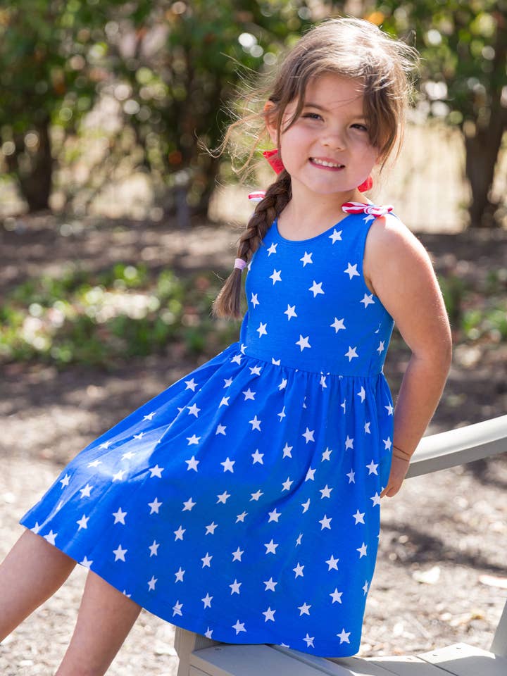 RuffleButts + RuggedButts - Wholesale Dress - Kids - Girls Stars & Stripes Knit Tie Shoulder Twirl Dress