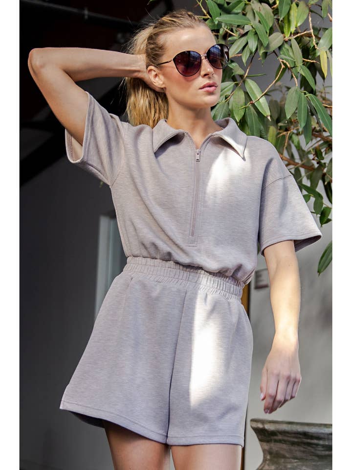 MODAL SCUBA QUARTER ZIP SHORT SLEEVE ROMPER for wholesale by Rae Mode