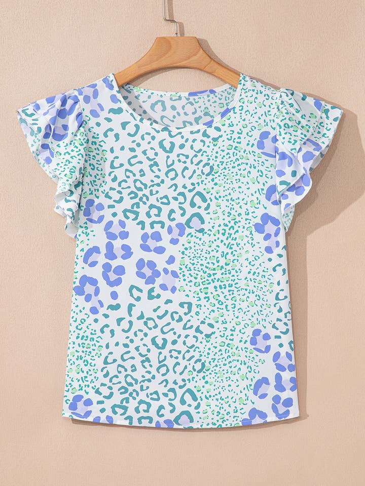Blue Leopard Layered Ruffle Short Sleeve Casual Blouse for wholesale on Faire